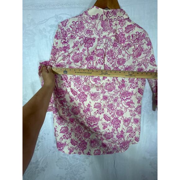 Lands End Button Up Tunic 12 Yellow Pink Floral No Iron Supima - Picture 11 of 12
